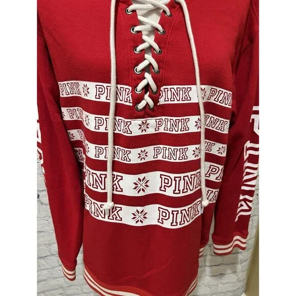 PINK by Victoria’s Secret Red Lace Up Sweatshirt Top Snowflakes Ski Winter Large - Picture 3 of 7